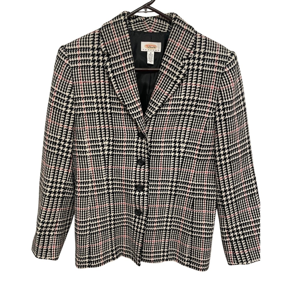 Talbots Vintage Blazer 10P 1990s Wool Houndstooth Plaid Ivory‎ Black Red EUC